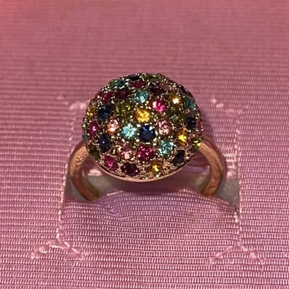 NWOT gold tone round multi colour rhinestone ring US size 6.5